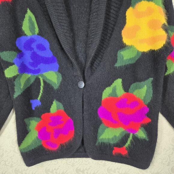 VTG Rafaella Angora Rabbit Hair Lambswool Sweater sz L Black Multicolor Floral - Picture 3 of 12